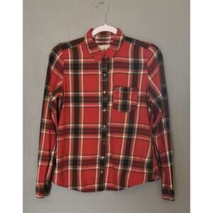 Y2K Western Hollister Sz Medium Red Orange Plaid Flannel Top Cowgirl Button Up